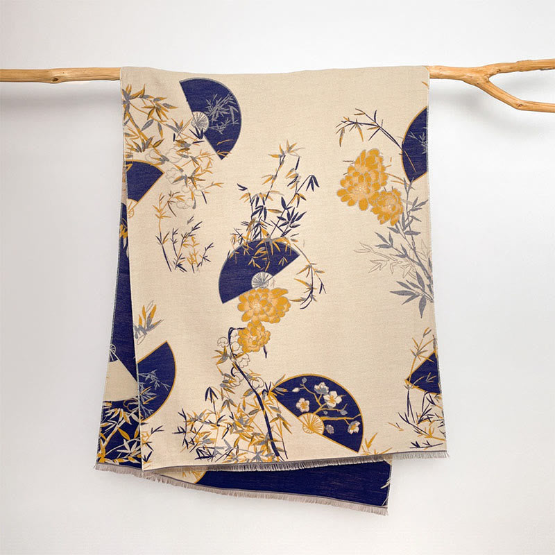 Winter Fan Bamboo Peony Flowers Pattern Cozy Scarf Shawl