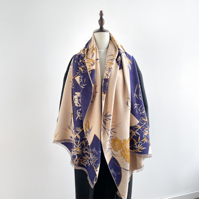Winter Fan Bamboo Peony Flowers Pattern Cozy Scarf Shawl
