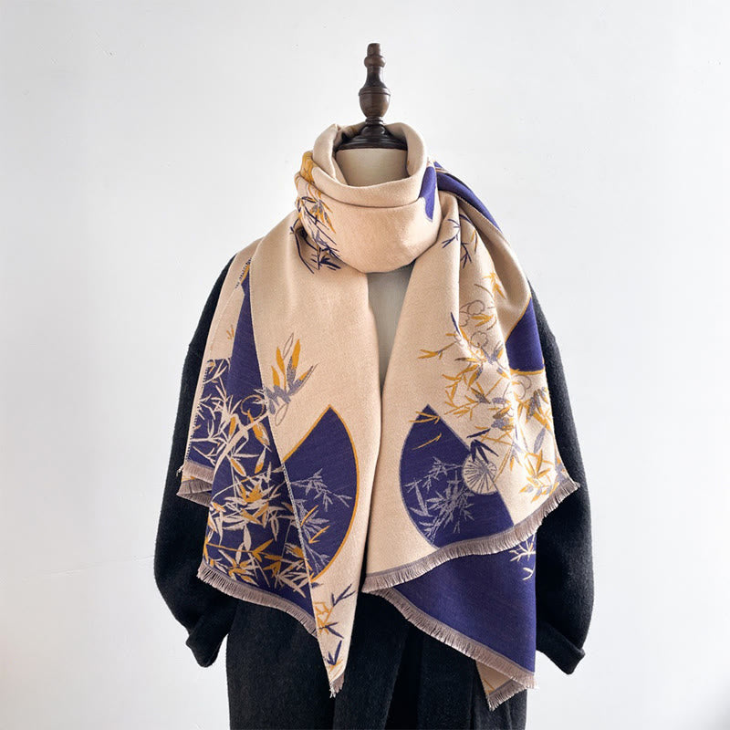 Winter Fan Bamboo Peony Flowers Pattern Cozy Scarf Shawl