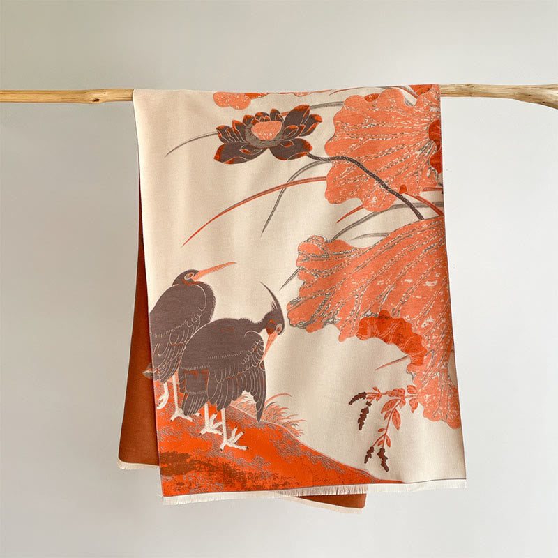 Winter Stork Birds Lotus Flowers Leaves Pattern Soft Scarf Shawl