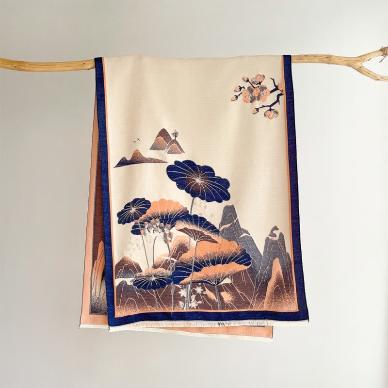 Winter Mountain Lotus Flowers Leaves Pattern Soft Scarf Shawl