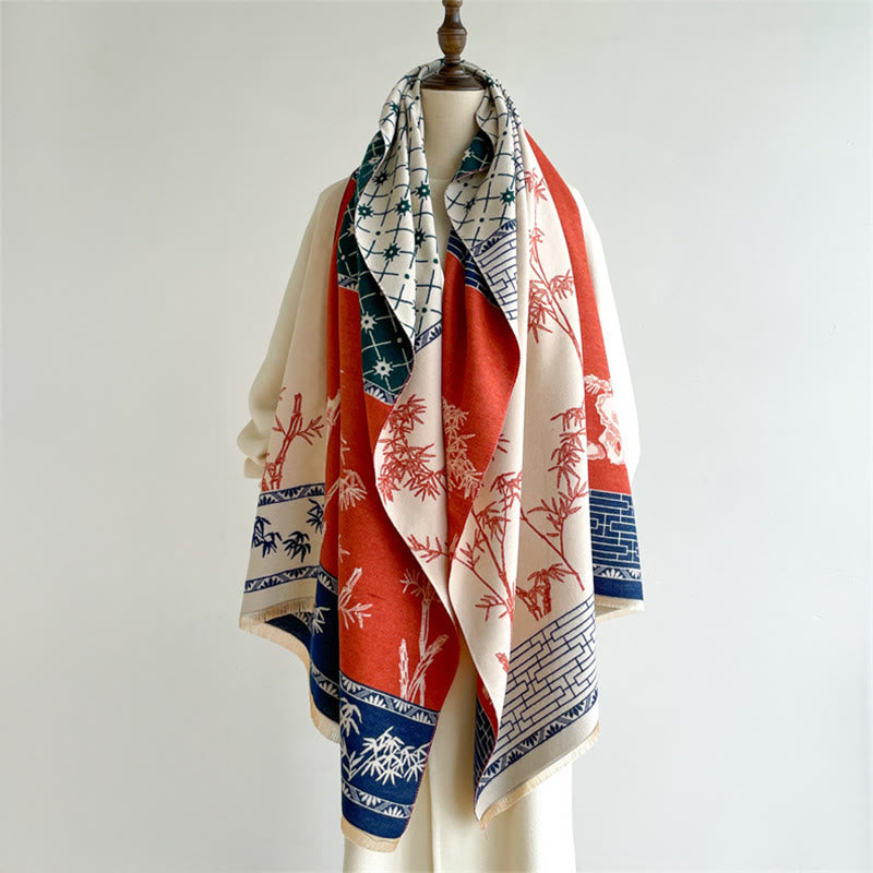 Winter Bamboo Leaf Little Bird Pattern Cozy Scarf Shawl