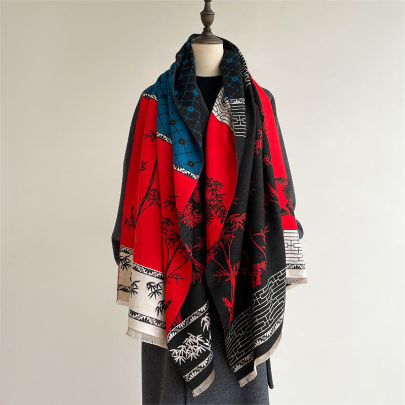 Winter Bamboo Leaf Little Bird Pattern Cozy Scarf Shawl