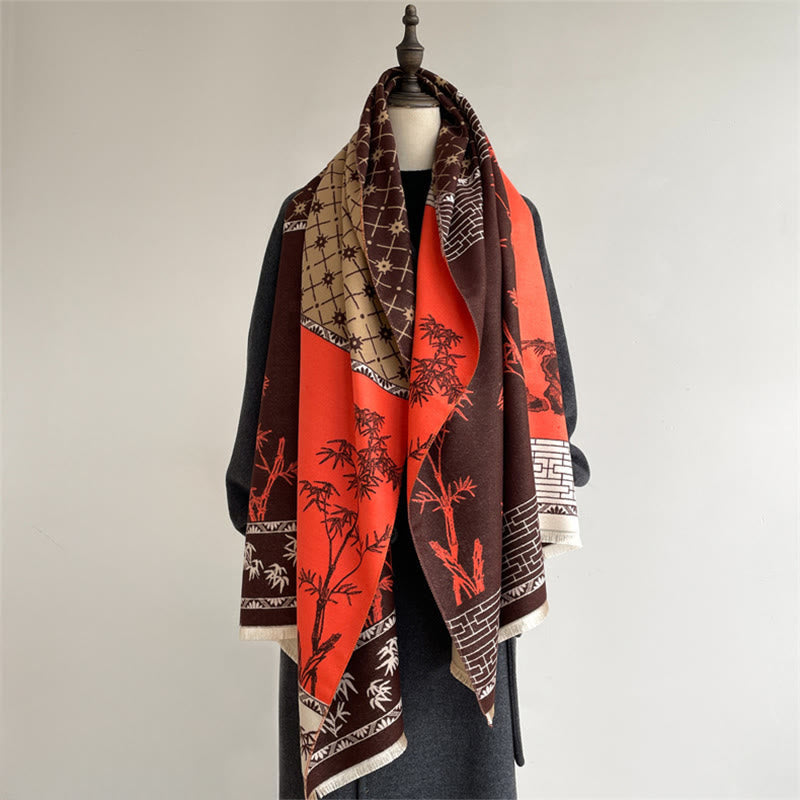 Winter Bamboo Leaf Little Bird Pattern Cozy Scarf Shawl