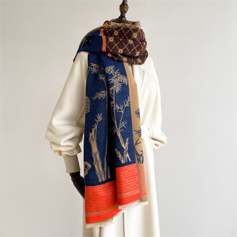 Winter Bamboo Leaf Little Bird Pattern Cozy Scarf Shawl