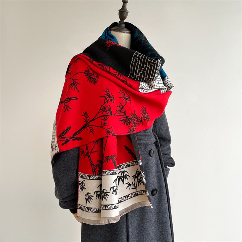 Winter Bamboo Leaf Little Bird Pattern Cozy Scarf Shawl