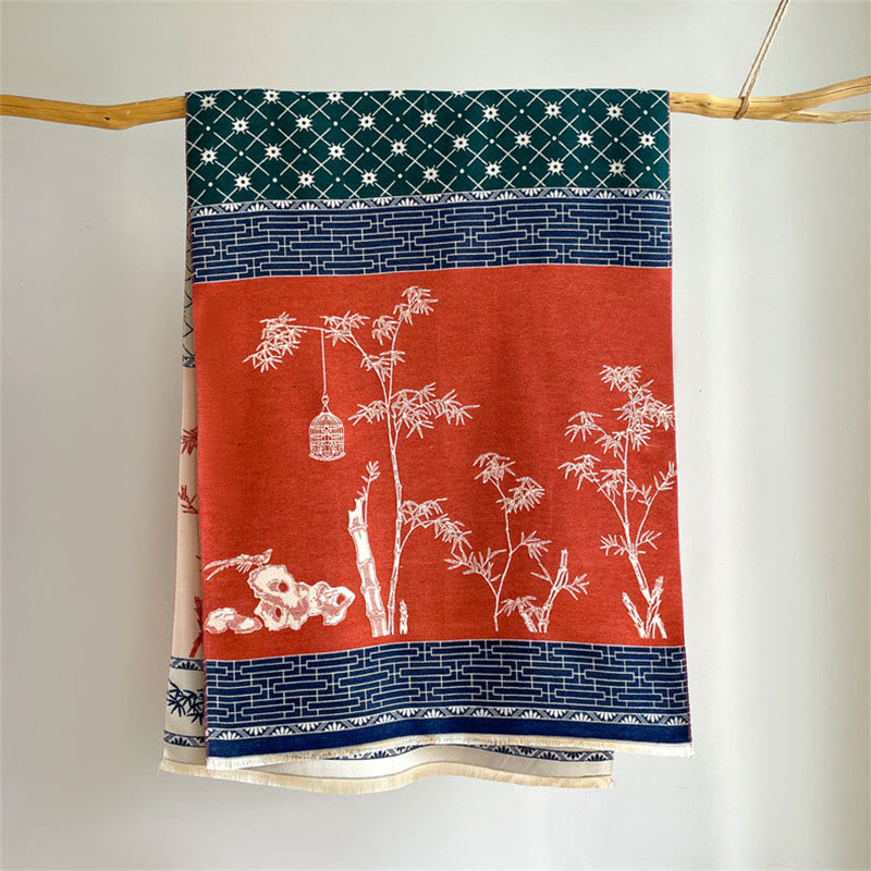 Winter Bamboo Leaf Little Bird Pattern Cozy Scarf Shawl