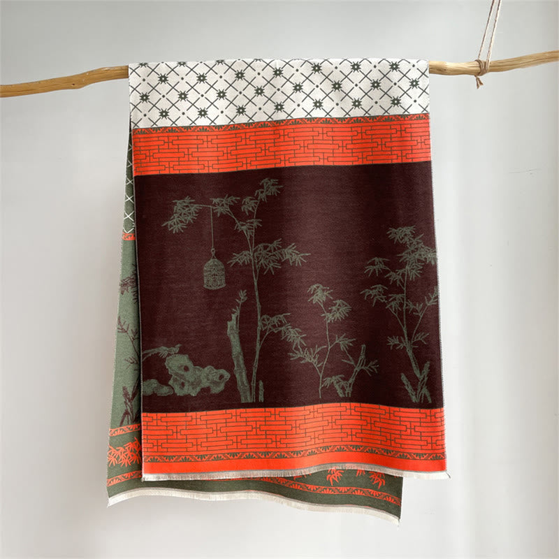 Winter Bamboo Leaf Little Bird Pattern Cozy Scarf Shawl