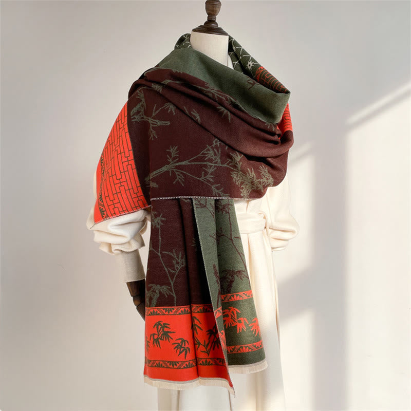 Winter Bamboo Leaf Little Bird Pattern Cozy Scarf Shawl