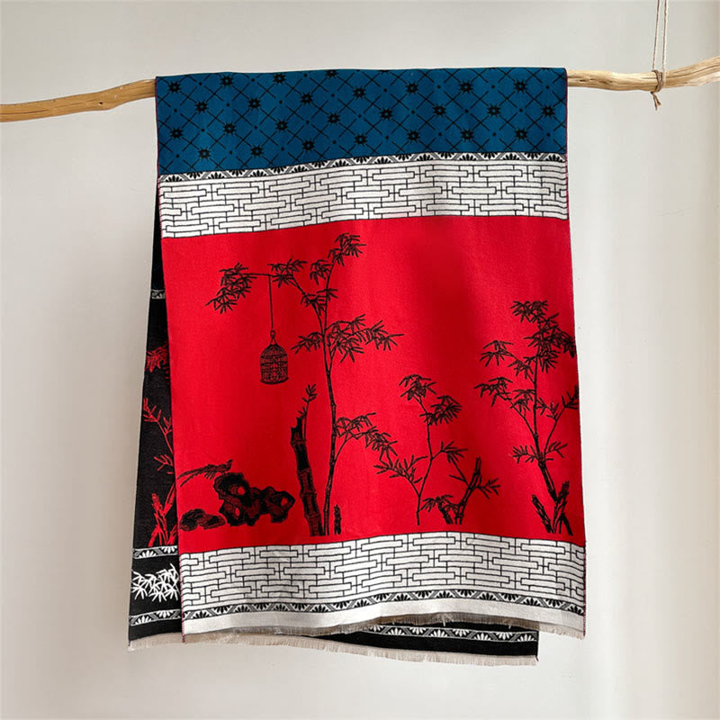 Winter Bamboo Leaf Little Bird Pattern Cozy Scarf Shawl