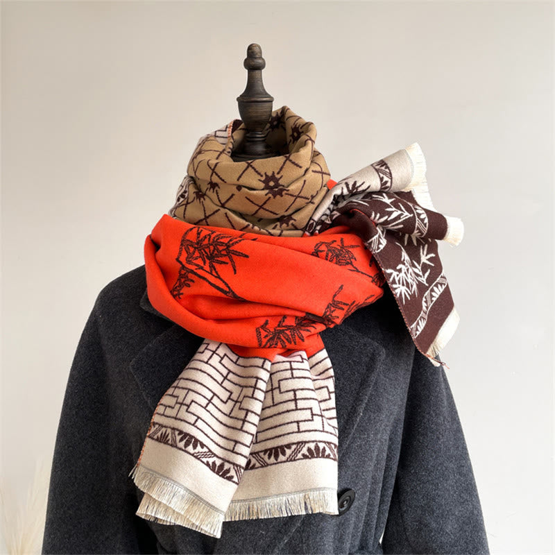 Winter Bamboo Leaf Little Bird Pattern Cozy Scarf Shawl
