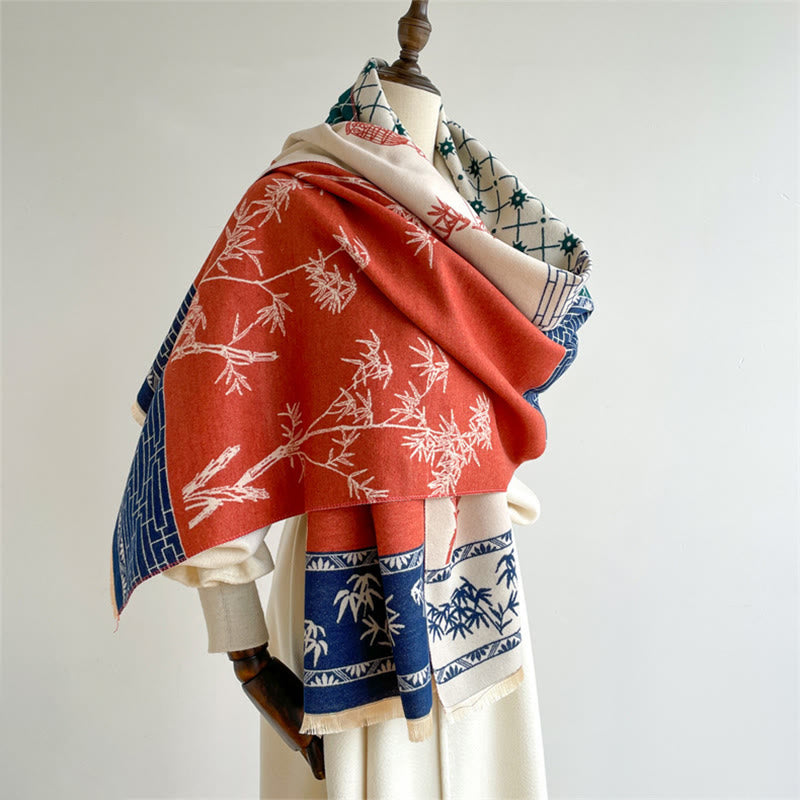 Winter Bamboo Leaf Little Bird Pattern Cozy Scarf Shawl