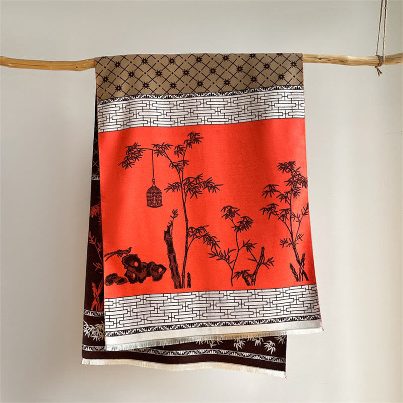 Winter Bamboo Leaf Little Bird Pattern Cozy Scarf Shawl