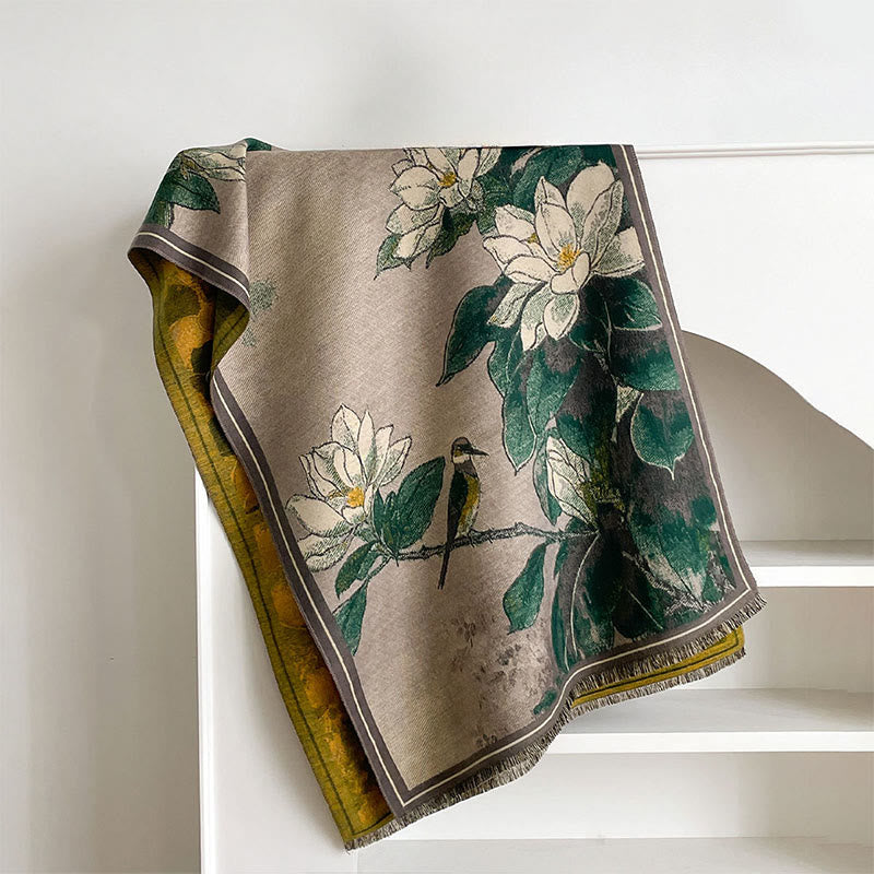 Winter White Magnolia Flowers Little Bird Pattern Warm Cozy Scarf Shawl