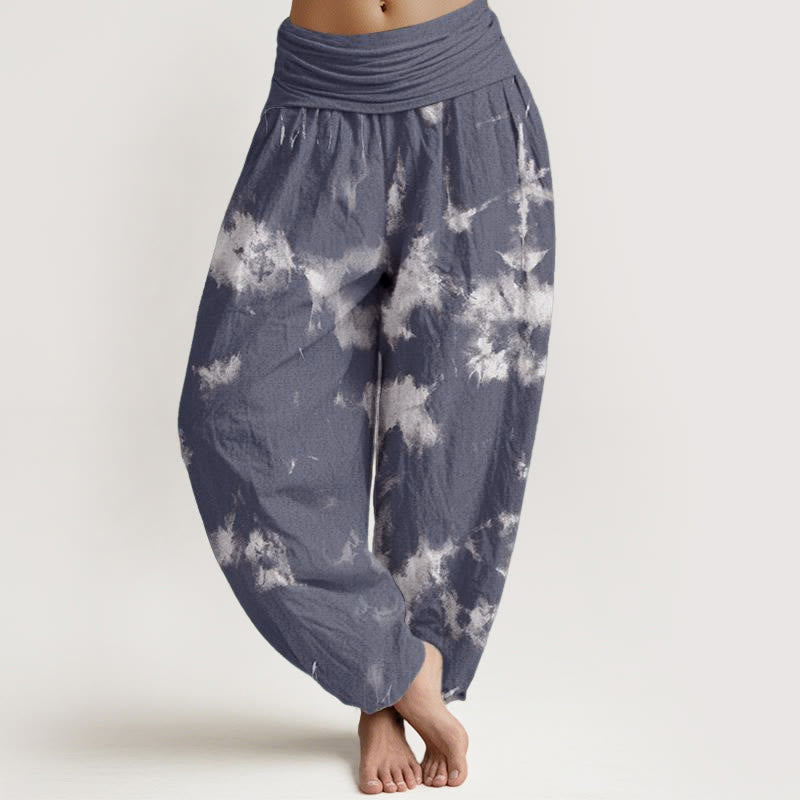 Pure Cotton White Lines Spots Tie-Dye Pattern Women's Elastic Waist Harem Pants