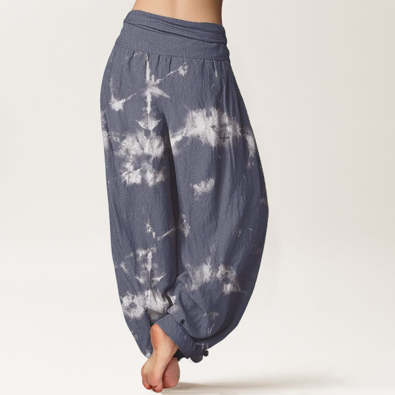 Pure Cotton White Lines Spots Tie-Dye Pattern Women's Elastic Waist Harem Pants