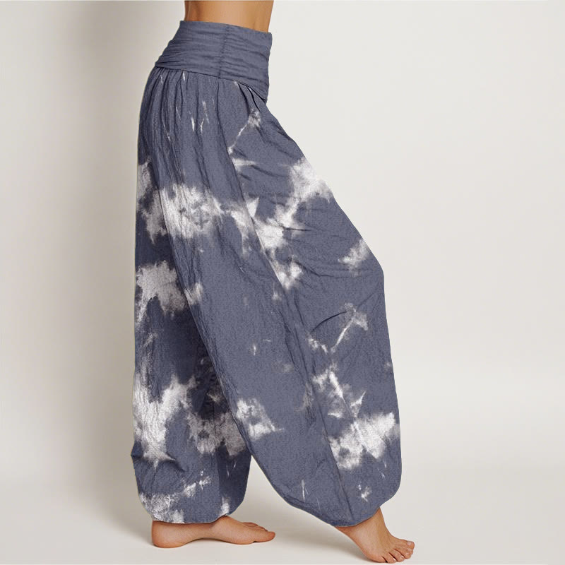 Pure Cotton White Lines Spots Tie-Dye Pattern Women's Elastic Waist Harem Pants