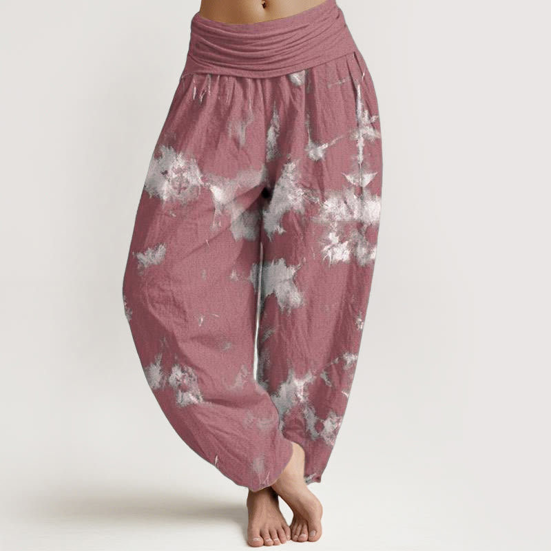 Pure Cotton White Lines Spots Tie-Dye Pattern Women's Elastic Waist Harem Pants