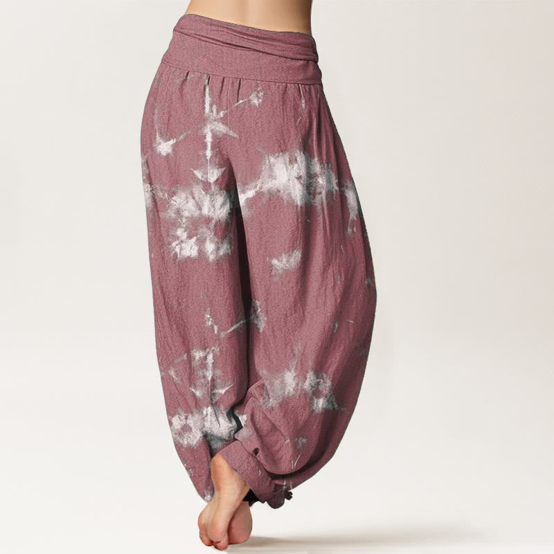 Pure Cotton White Lines Spots Tie-Dye Pattern Women's Elastic Waist Harem Pants