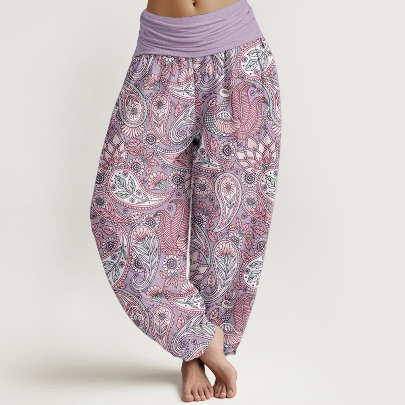 Pure Cotton Cashew Flower Peacock Sunflower Design Women's Elastic Waist Harem Pants