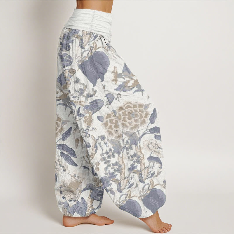 Pure Cotton Lotus Leaf Peony Pattern Women's Elastic Waist Harem Pants