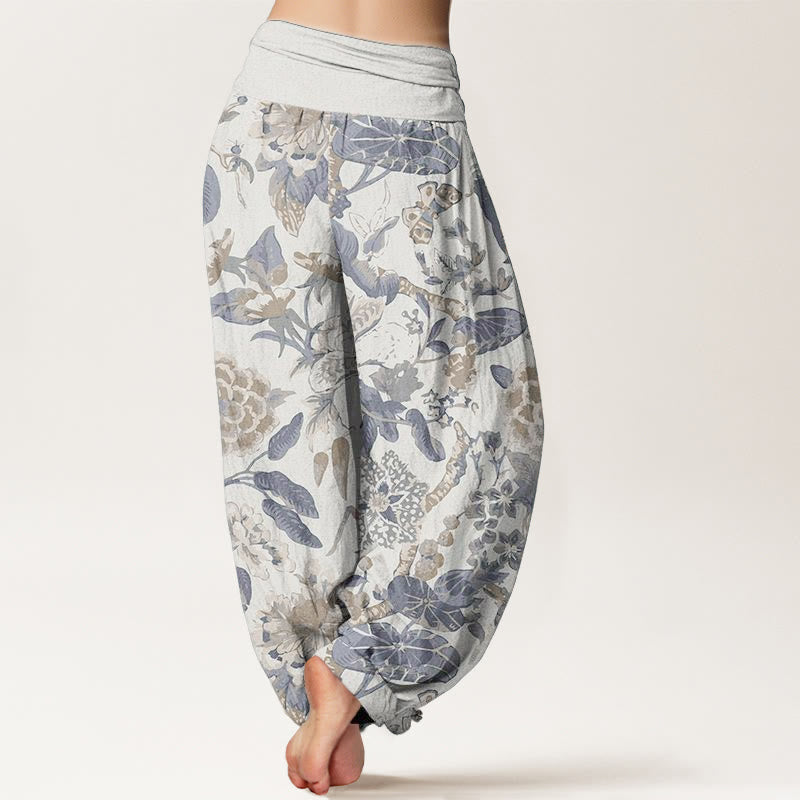 Pure Cotton Lotus Leaf Peony Pattern Women's Elastic Waist Harem Pants