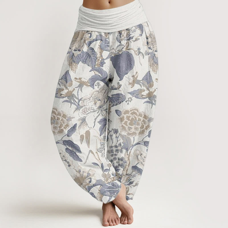 Pure Cotton Lotus Leaf Peony Pattern Women's Elastic Waist Harem Pants