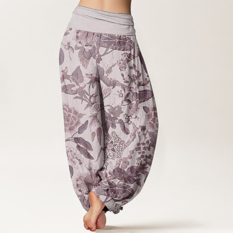 Pure Cotton Lotus Leaf Peony Pattern Women's Elastic Waist Harem Pants