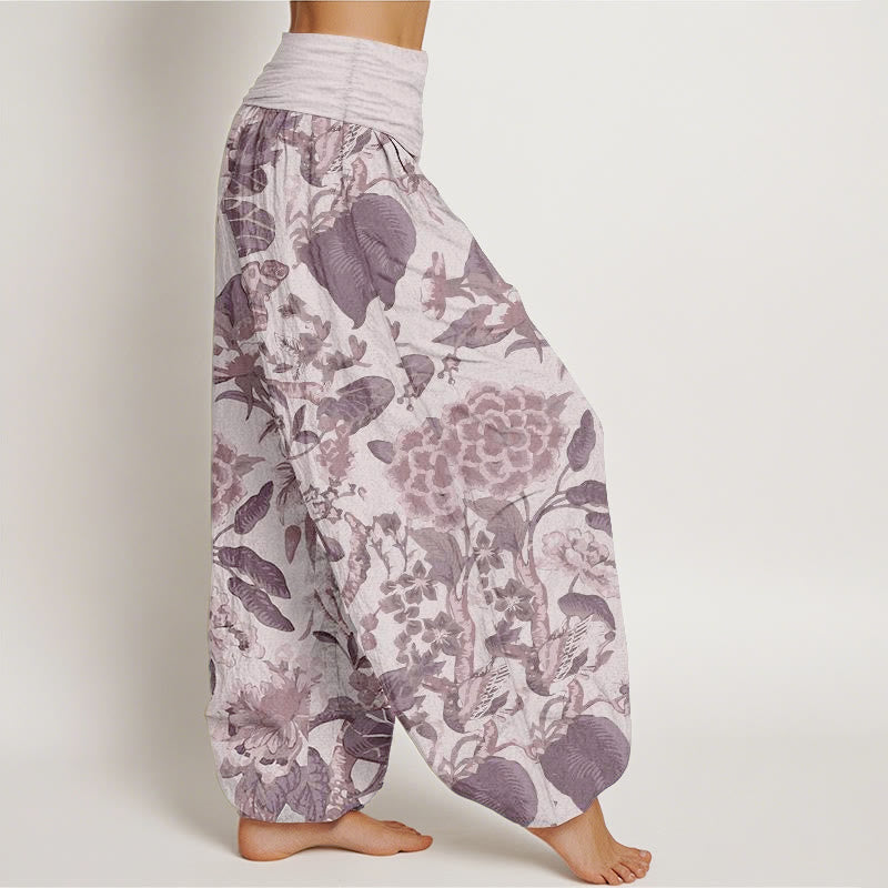 Pure Cotton Lotus Leaf Peony Pattern Women's Elastic Waist Harem Pants
