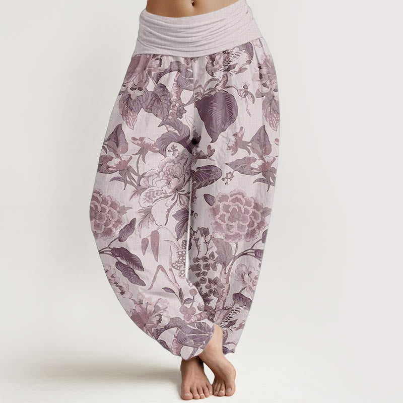 Pure Cotton Lotus Leaf Peony Pattern Women's Elastic Waist Harem Pants