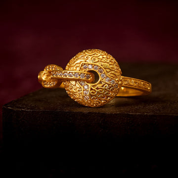 24k Gold Plated Brass Hollow Carved Ping An Kou Adjustable Peace Buckle Ring