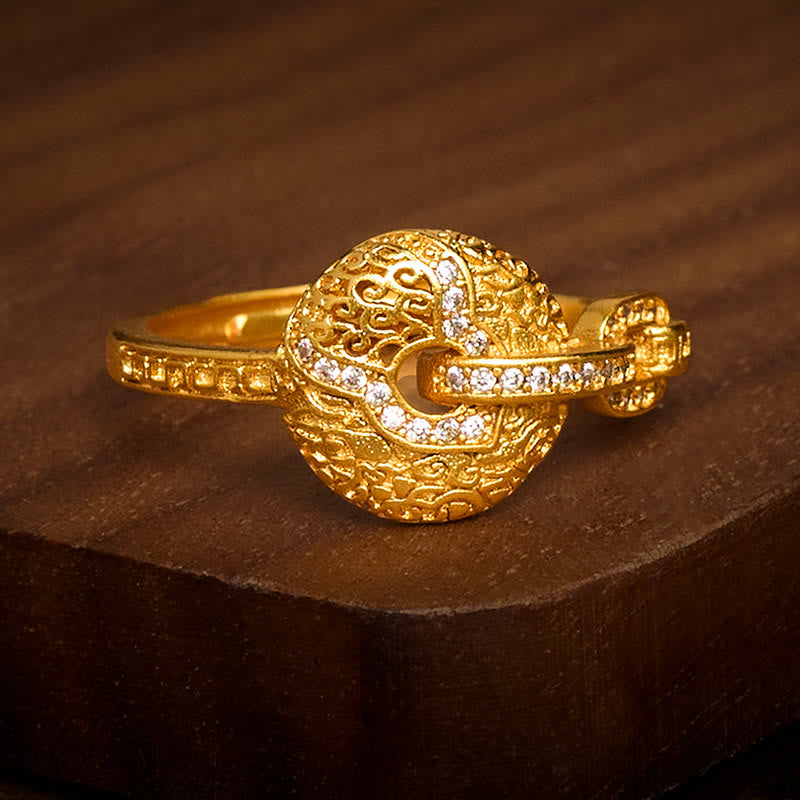 24k Gold Plated Brass Hollow Carved Ping An Kou Adjustable Peace Buckle Ring