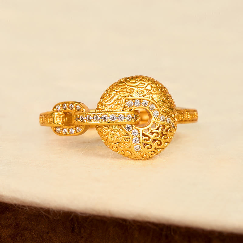 24k Gold Plated Brass Hollow Carved Ping An Kou Adjustable Peace Buckle Ring