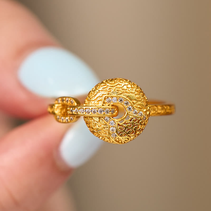 24k Gold Plated Brass Hollow Carved Ping An Kou Adjustable Peace Buckle Ring
