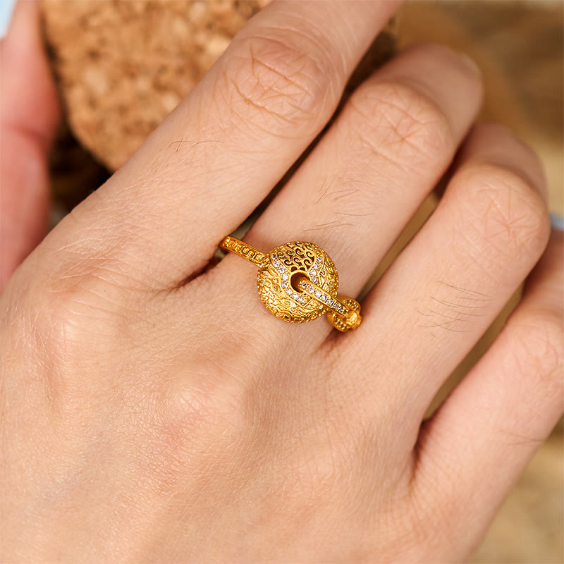 24k Gold Plated Brass Hollow Carved Ping An Kou Adjustable Peace Buckle Ring