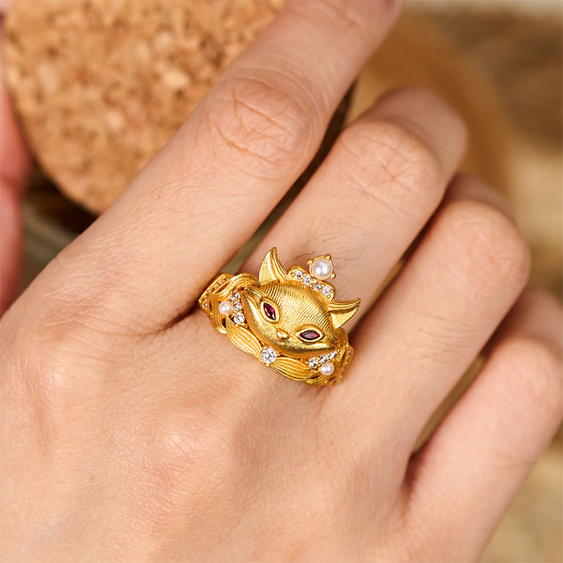 24K Gold-Plated Brass Fox Head Adjustable Ring