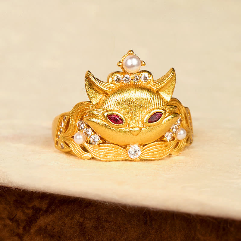 24K Gold-Plated Brass Fox Head Adjustable Ring