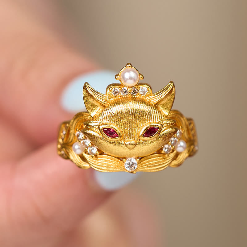 24K Gold-Plated Brass Fox Head Adjustable Ring