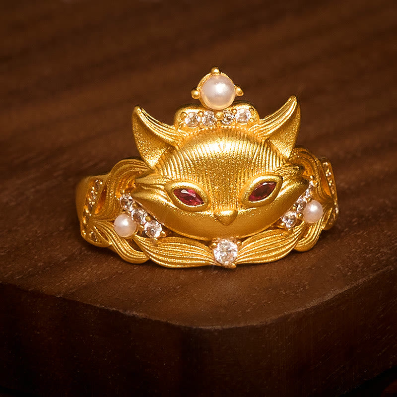 24K Gold-Plated Brass Fox Head Adjustable Ring