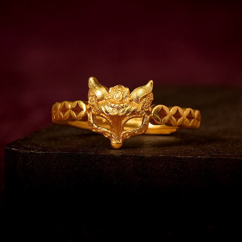 24k Gold Plated Brass Fox and Chinese Coin Hollow Adjustable Ring