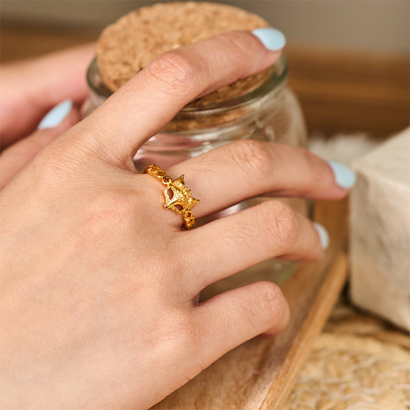 24k Gold Plated Brass Fox and Chinese Coin Hollow Adjustable Ring