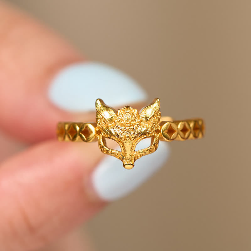 24k Gold Plated Brass Fox and Chinese Coin Hollow Adjustable Ring