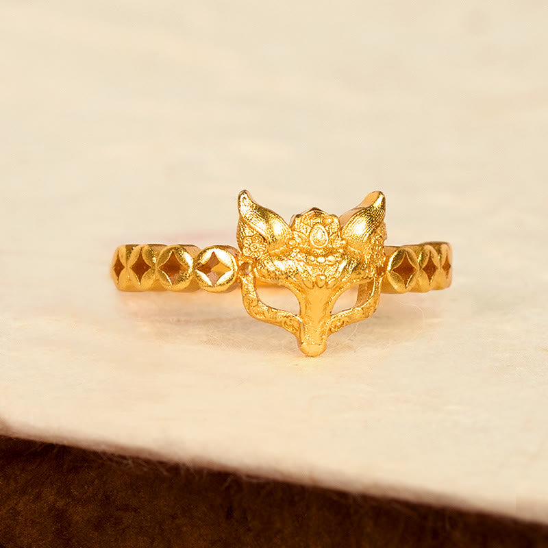 24k Gold Plated Brass Fox and Chinese Coin Hollow Adjustable Ring