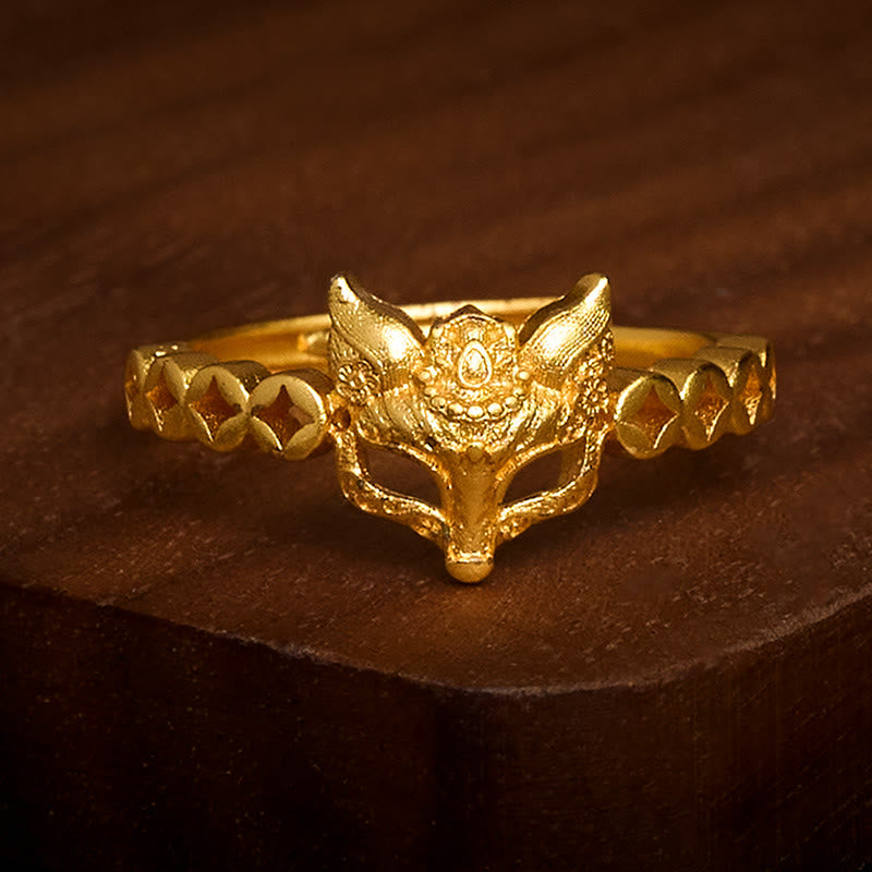 24k Gold Plated Brass Fox and Chinese Coin Hollow Adjustable Ring