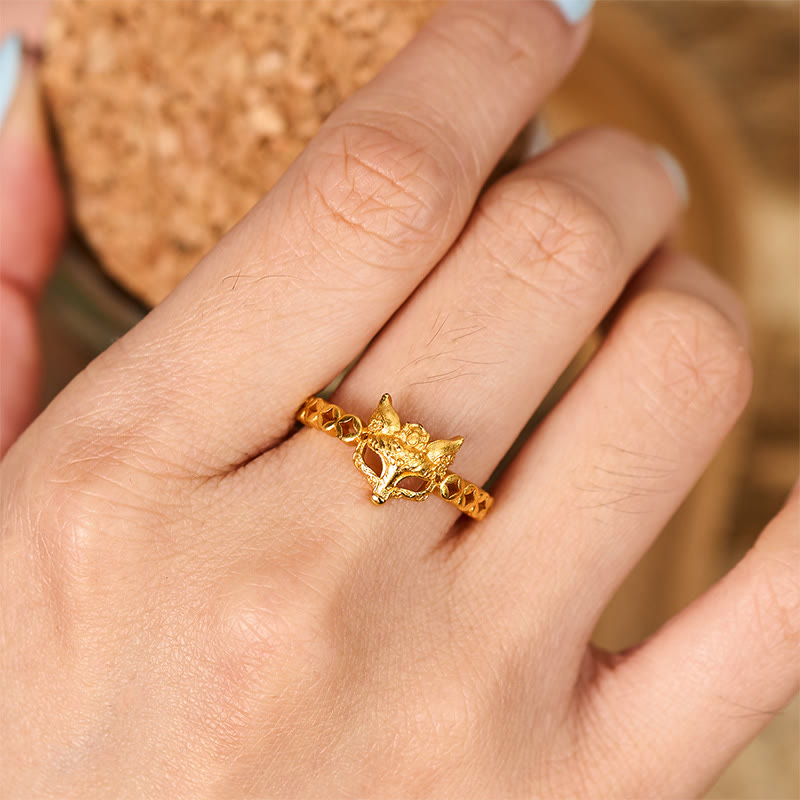 24k Gold Plated Brass Fox and Chinese Coin Hollow Adjustable Ring