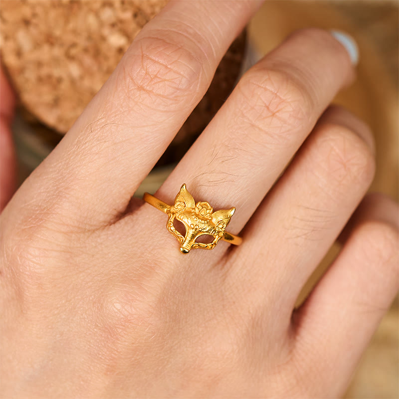 Adjustable 24k Gold Plated Brass Fox Mask Ring