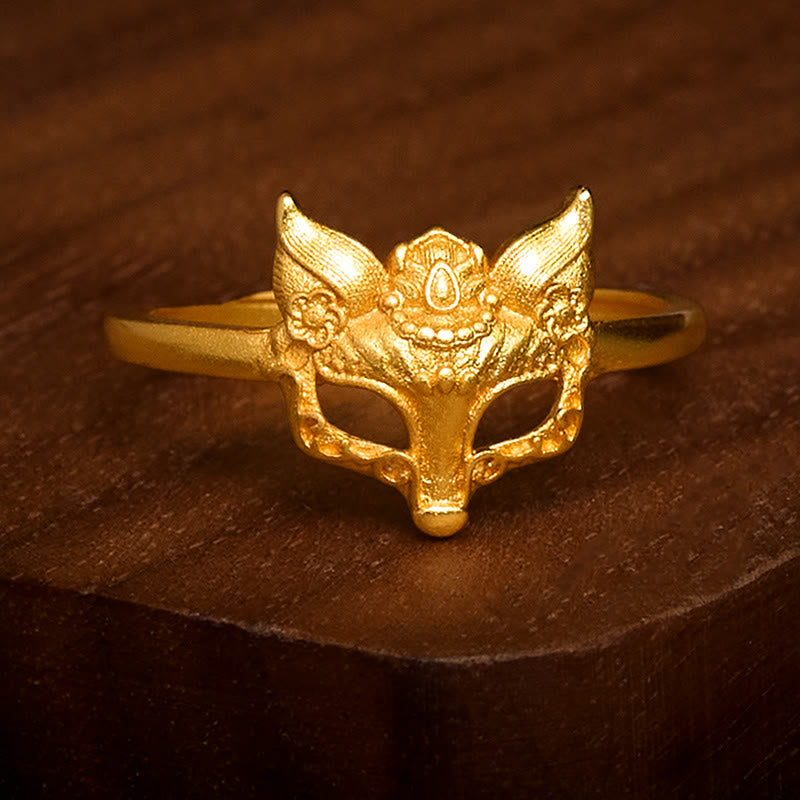 Adjustable 24k Gold Plated Brass Fox Mask Ring
