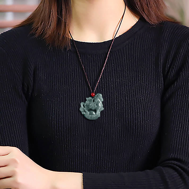 Year of the Horse Jade Ingot Luck Prosperity Rope Necklace Pendant