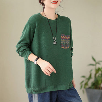 Knitted Cotton Floral Crew Neck Grounding Sweater