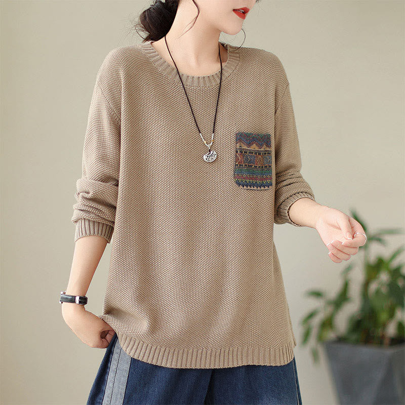Knitted Cotton Floral Crew Neck Grounding Sweater